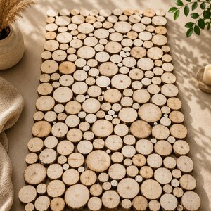 Könnte beinhalten: Ein rechteckiger Holzmatten aus zahlreichen kleinen, kreisförmigen Holzscheiben. Die natürlichen Holztöne variieren von hell- bis mittelbraun und erzeugen eine strukturierte Oberfläche. Dieser Dekorationsartikel könnte als Untersetzer oder dekoratives Element verwendet werden.