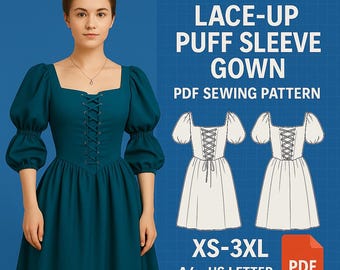 May include: A teal corset lace-up puff sleeve gown. The dress features a square neckline, a laced bodice, and a full skirt. The image also includes a PDF sewing pattern with size range XS-3XL.