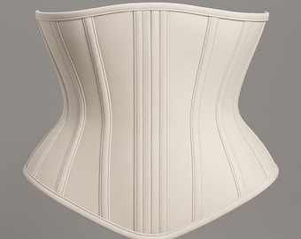 May include: A cream-colored corset with vertical seam detailing. The structured garment features a curved silhouette and a smooth, matte finish. The corset is designed to cinch the waist and create an hourglass figure.