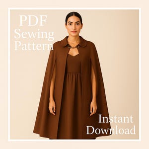 May include: A woman in a brown cape and dress. The cape features a round collar and a decorative clasp. The image includes the text "PDF Sewing Pattern" and "Instant Download" in white.