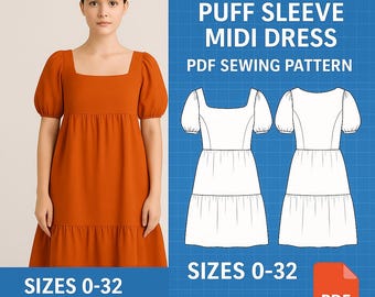 May include: An orange midi dress with a square neckline and puff sleeves. The dress is modeled on a person. A PDF sewing pattern is shown with the text "SQUARE NECK PUFF SLEEVE MIDI DRESS" and "SIZES 0-32".