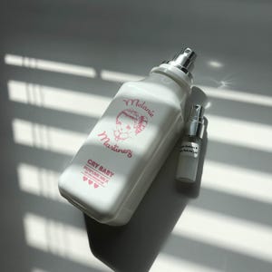 May include: Two white perfume bottles, one large and one small, with silver spray nozzles. The large bottle has pink text that reads "Melanie Martinez" and "Cry Baby Perfume Milk." The small bottle also has text. The bottles are on a white surface.