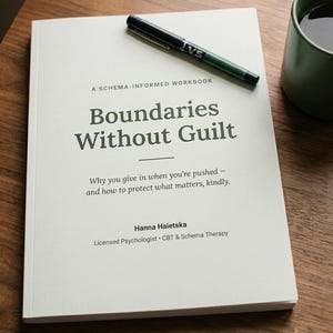 May include: A white workbook titled Boundaries Without Guilt: A Schema-Informed Workbook by Hanna Haietska, featuring a dark green pen resting on the cover. The text includes the subtitle Why you give in when you're pushed and how to protect what matters, kindly.