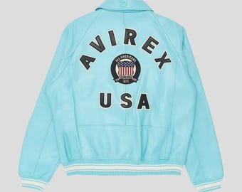Men's Sky Blue Avirex Genuine Lambskin Bomber American Flight Leather Avirex Icon Jacket