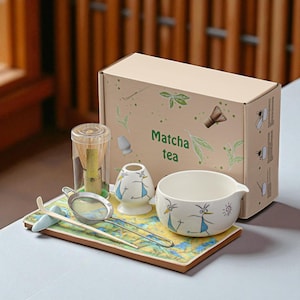 Ceramic Matcha Bowl Set with Whisk, Scoop, Holder – Handmade 7-Piece Accessory Set -Japanese Matcha Ceremony Kit Gift Box - Green Tea Ritual