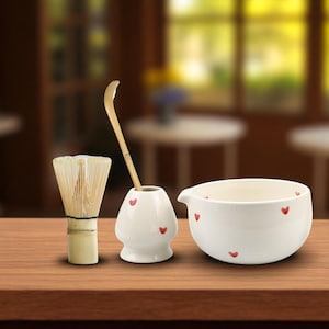 Handmade Heart Ceramic Bowl Set with Pink Glaze, Whisk & Spoon - Japanese Tea Ceremony