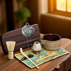Brown Matcha Bowl Set 520ml - Ceramic Chawan with Bamboo Whisk and Holder - Japanese Tea Gift Set - Matcha Kit for Beginners