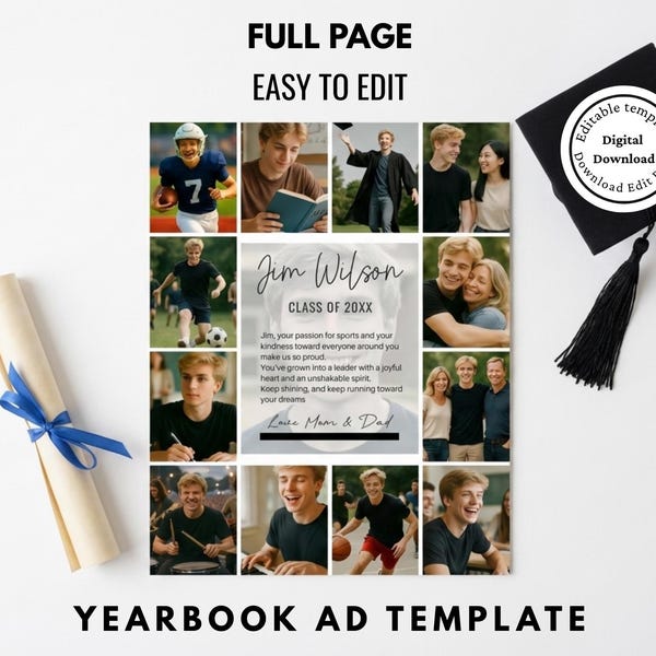 Elegante plantilla para anuncio de anuario de último año – Collage de fotos, editable en Canva