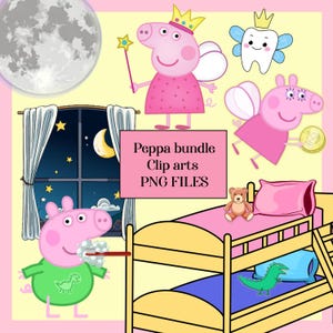 Peppa Pig PNG-bundel, Peppa Pig Cartoon-illustraties, Peppa Nighttime, cliparts, tandenfee digitale download png, sublimatiebestanden