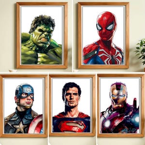White Superhero Wall Art , Set of 5 Prints, Superhero Wall Prints for Boys Bedroom, Super hero, Boys Room Decor, Digital Download