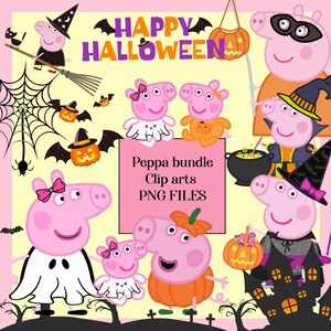 Peppa Pig famille Halloween PNG Bundle, Peppa Pig Cartoon clipart, cliparts nouveau bébé Evie, téléchargement numérique PNG, fichiers par sublimation