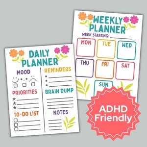 Puede incluir: Dos planificadores coloridos, una versión diaria y otra semanal, con detalles florales. El planificador diario incluye secciones para el estado de ánimo, las prioridades y una lista de tareas. El texto "ADHD Friendly" también es visible.