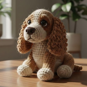 Puede incluir: Un juguete de perro tejido a mano en tonos marrón, beige y blanco, sobre una superficie de madera. El peluche presenta orejas caídas, un hocico detallado y ojos grandes. El perro está posicionado sentado, mostrando su diseño suave y texturizado.