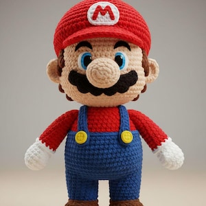 May include: A handmade crochet doll of the video game character Mario. The doll wears a red hat with a white "M", a red shirt, blue overalls with yellow buttons, and brown shoes. The doll has a black mustache and blue eyes.