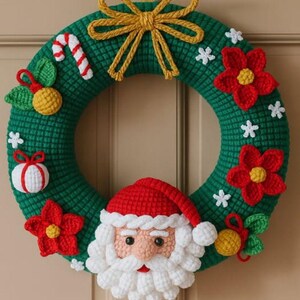 May include: A handmade Christmas wreath with a green base, decorated with red flowers, white snowflakes, and a Santa Claus face. The wreath also features a candy cane, a gift, and a yellow bow. It is suspended by a gold ribbon.