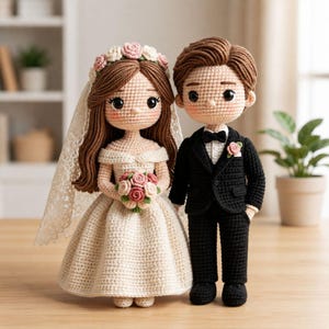 Puede incluir: Muñecos de novia y novio de ganchillo. La novia lleva un vestido blanco, velo y corona floral, sosteniendo un ramo. El novio viste un esmoquin negro con pajarita y boutonniere de rosa rosa. Un tema de boda encantador.
