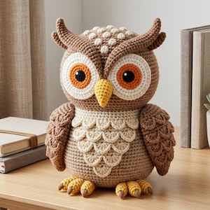 Puede incluir: Una figura de búho hecha a mano con ganchillo, en tonos marrones, beige, naranja y amarillo. El búho presenta grandes ojos redondos, un pico amarillo y patrones de plumas detallados. El búho mide aproximadamente 25 cm de altura y está sobre una superficie de madera.