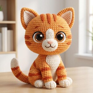 Op de afbeelding: Een gehaakt knuffeldier in de vorm van een kat, gemaakt van oranje en wit garen. De kat heeft grote zwarte ogen, een kleine roze neus en een witte borstvlek. Het zit rechtop met de staart opzij gekruld en toont gedetailleerde oranje strepen.