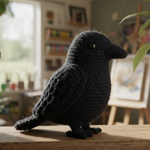 May include: A handmade black crochet crow figurine with a detailed, textured body. The crow has a beak, small eyes, and is perched on a wooden surface. The craft bird is a decorative item.