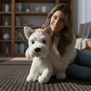 Peut inclure: Une grande peluche en forme de chien blanc crocheté, avec des yeux et un nez noirs. Le chien a de grandes oreilles tombantes et est assis droit. La peluche est faite d'un matériau doux et texturé. L'arrière-plan comprend une bibliothèque.