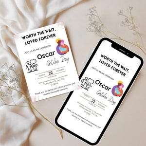 Edytowalne zaproszenie na Dzień Gotcha, zaproszenie na przyjęcie adopcyjne, 5x7 i telefon JPG, drukowana karta na rodzinne świętowanie, szablon Canva, natychmiastowe pobranie