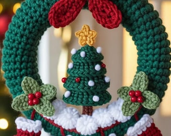 May include: A handmade crochet Christmas wreath with a green base, red bow, and festive decorations. The wreath features a small Christmas tree, holly leaves, and red and white stockings. A charming holiday decoration.