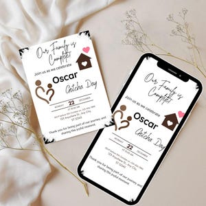 Zaproszenie na Dzień Gotcha, edytowalna karta adopcyjna, 5x7 i telefon JPG, wydrukowany eVite na rodzinne przyjęcie, szablon Canva, natychmiastowe pobranie