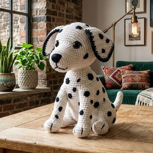Puede incluir: Un perro dálmata de ganchillo, blanco con manchas negras, orejas y nariz. El perro está sentado en una mesa de madera. El fondo incluye una pared de ladrillo, plantas en macetas y un sofá verde.