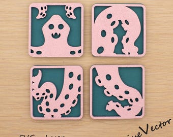 Seeungeheuer Magnet Set Laser geschnitten Datei, Halloween Quadrat gekachelt SVG Digital Download