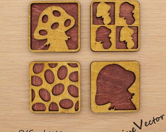 Mushroom Magnet Set Laser Cut File, Autumn Square Tiled SVG Digital