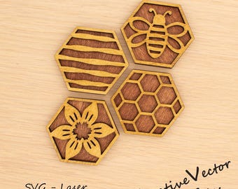 Magnetset mit Bienenstock-Motiv (Laserschnittdatei, sechseckige SVG-Datei zum digitalen Download)