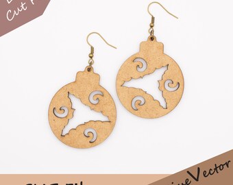 May include: Two wooden Christmas ornament earrings with a cutout design. The earrings are light brown with a gold-colored hook. The design includes a bat shape and decorative swirls. The text "Laser Cut File" and "SVG File" are visible.