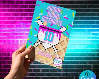 Baseball Ice Cream Birthday Invitation | Editable Digital Boy Party Invite | Summer Sports Theme Template