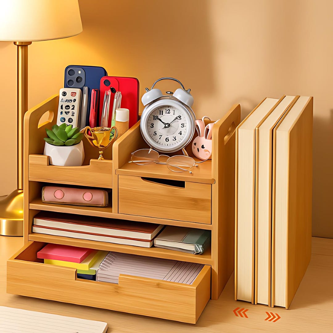 Bamboo Desk Organizer • Adjustable File & Mail Holder With Drawer - Etsy