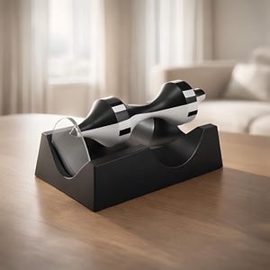 May include: A modern wine aerator with a black and white design, resting on a black base. The aerator is suspended above a clear glass. The base sits on a wooden table, with a blurred background of a living room.