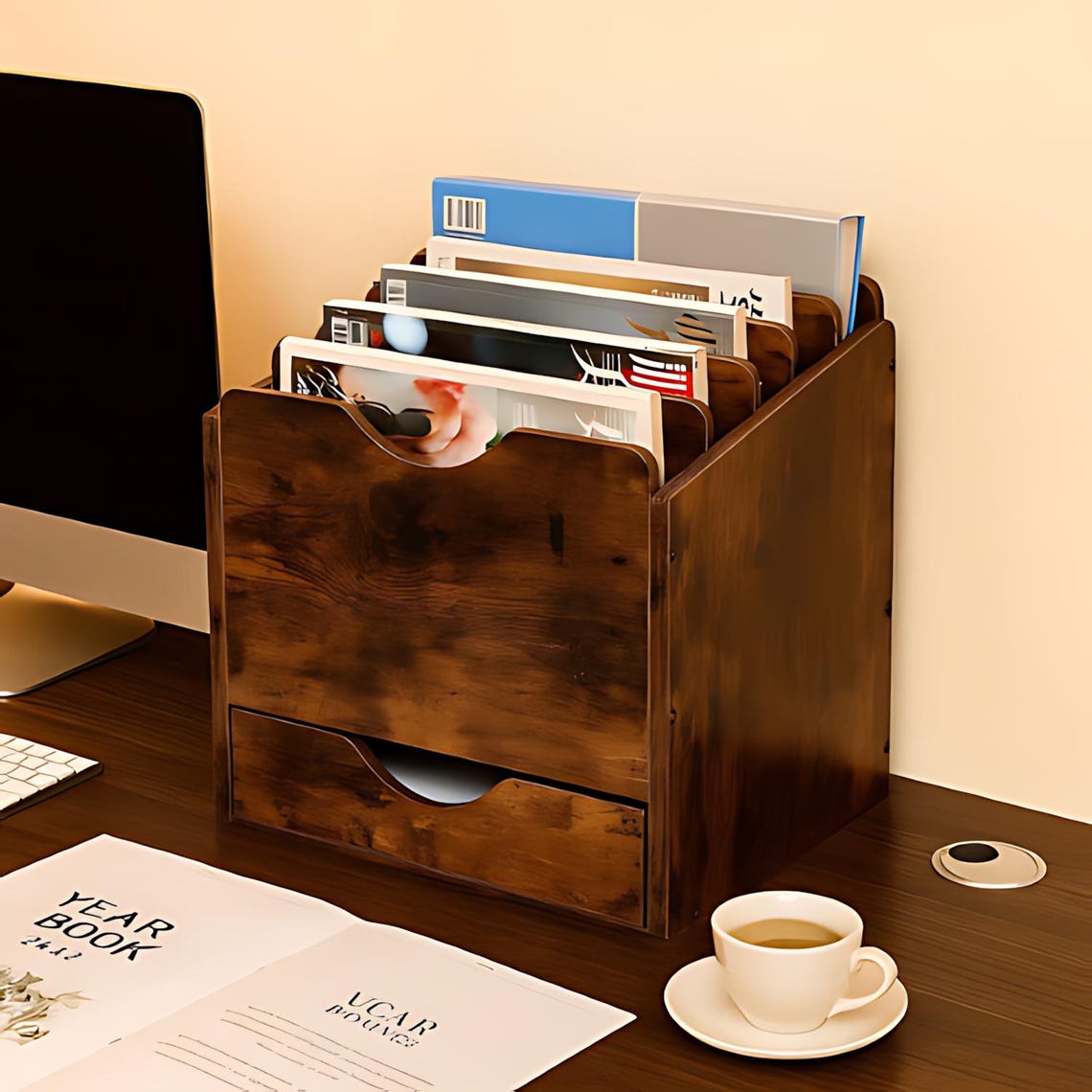 Antique Brown Wood Desktop File Organizer With Drawer - Etsy