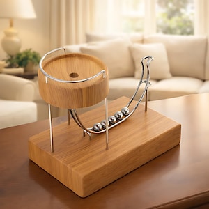 May include: A wooden kinetic energy sculpture with a circular top and a curved metal track. Five silver balls rest on the track. The sculpture is set on a rectangular wooden base. The background shows a living room setting.