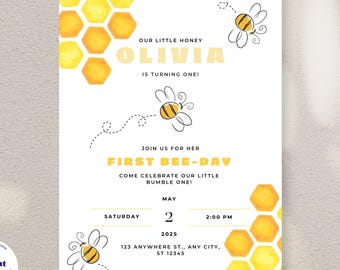 First Bee Day Invitation | Bee Birthday Party Invite | Editable 1st Bee-Day Template | Bumble Bee Themed Birthday | Instant Download