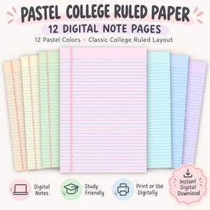 Könnte beinhalten: Ein Set aus 12 digitalen Notizseiten mit pastellfarbenem, liniertem Papier in verschiedenen Farben. Der Text lautet: PASTEL COLLEGE RULED PAPER, 12 DIGITAL NOTE PAGES, 12 Pastel Colors, Classic College Ruled Layout, Digital Notes, Study Friendly, Print or Use Digitally, Instant Digital Download.