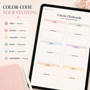 A tablet displays a classic flashcards template alongside a color-coding legend listing pink, peach, yellow, sage, blue, and lavender.