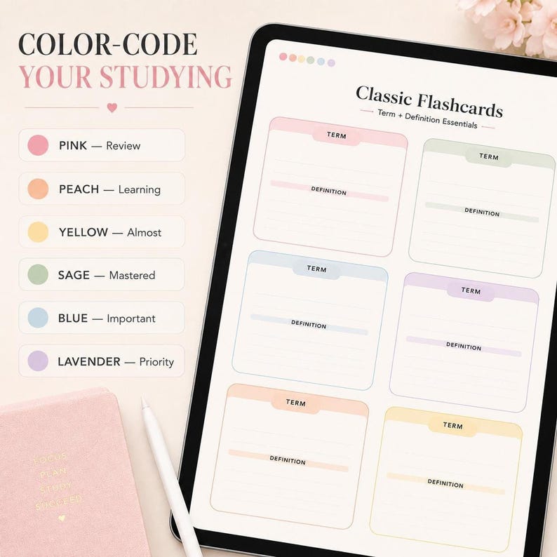 A tablet displays a classic flashcards template alongside a color-coding legend listing pink, peach, yellow, sage, blue, and lavender.