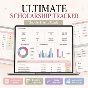 May include: A digital scholarship tracker displayed on a laptop screen, featuring a dashboard with charts, tables, and metrics like total applied, submitted, and award amounts. The interface includes sections for application status and deadlines.