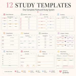 A grid displays twelve different study template designs with labels and color-coded sections.