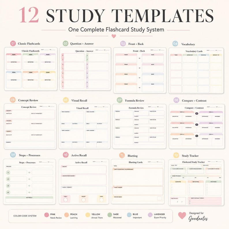 A grid displays twelve different study template designs with labels and color-coded sections.