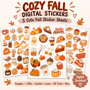 Peut inclure: Trois planches d'autocollants numériques avec des illustrations sur le thème de l'automne, incluant citrouilles, tasses de café, pulls, bougies, tartes et feuilles. Le texte indique COZY FALL DIGITAL STICKERS, 3 Cute Fall Sticker Sheets, Hello Autumn.