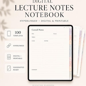 May include: A digital lecture notes notebook displayed on a tablet screen featuring a Cornell notes template with sections for date, course, subject, cues, notes, and summary. The interface includes side tabs and text stating 100 templates, hyperlinked, digital and printable, and Goodnotes ready.