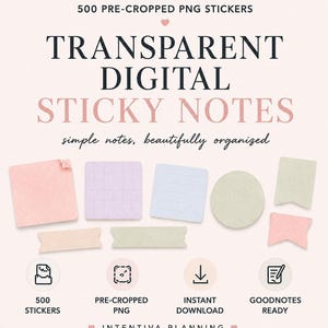 Könnte beinhalten: Eine Sammlung von 500 vorgeschnittenen PNG-Digital-Stickern in verschiedenen Formen und Pastellfarben wie Rosa, Lila, Blau und Grün. Der Text lautet: 500 PRE-CROPPED PNG STICKERS, TRANSPARENT DIGITAL STICKY NOTES, simple notes, beautifully organized.