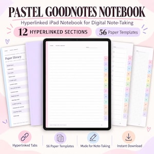 Peut inclure: Une tablette numérique affichant un carnet Goodnotes pastel avec 12 sections hyperliées et 56 modèles de papier. L'écran montre une page lignée avec un champ de date et des onglets numérotés. Le texte inclut Pastel Goodnotes Notebook et Hyperlinked iPad Notebook.