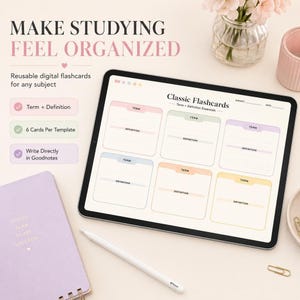 A tablet showing a classic flashcards template sits on a desk with a pink spiral notebook and stylus.