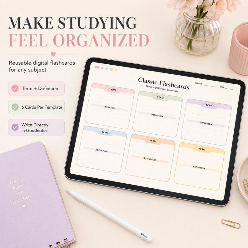A tablet showing a classic flashcards template sits on a desk with a pink spiral notebook and stylus.